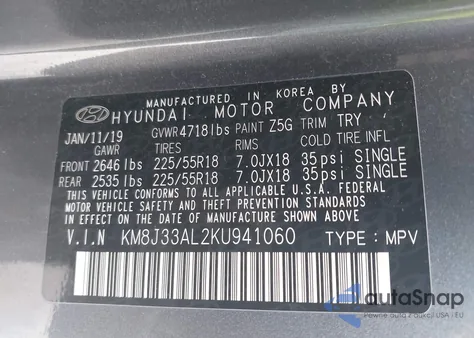 2019 Hyundai Tucson Sel z USA, uszkodzony, nr VIN KM8J33AL2KU941060